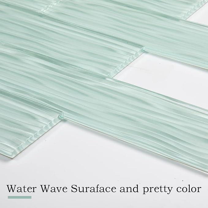 Light Green Water Wave Glass Subway Tile, 3 x 12 Inch, 4 Sq Ft, Backsplash for Bathroom Kitchen Wall, 16-Pack