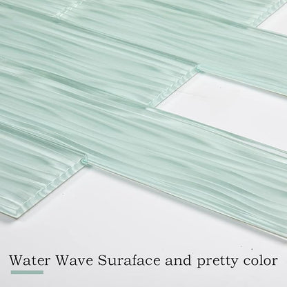 Light Green Water Wave Glass Subway Tile, 3 x 12 Inch, 4 Sq Ft, Backsplash for Bathroom Kitchen Wall, 16-Pack
