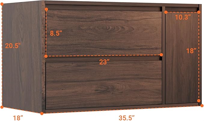 36 Inch Floating Bathroom Vanity Cabinet Only, Wall Mounted Bathroom Cabinet, Large Capacity Storage Vanity – Walnut Finish, with 2 Drawers & Door Storage Compartment, Easy Assembly