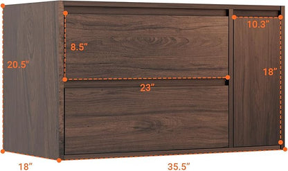 36 Inch Floating Bathroom Vanity Cabinet Only, Wall Mounted Bathroom Cabinet, Large Capacity Storage Vanity – Walnut Finish, with 2 Drawers & Door Storage Compartment, Easy Assembly