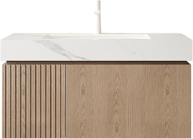 KEIKI 36 Inch Floating Bathroom Vanity with Sink, Light Brown & White | Modern Wall Mounted Storage Cabinet w/ Drawer & Door, Pre-assembled Wood Panels, Sintered Stone Top & Ceramic Basin Combo Set
