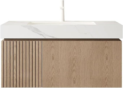 KEIKI 36 Inch Floating Bathroom Vanity with Sink, Light Brown & White | Modern Wall Mounted Storage Cabinet w/ Drawer & Door, Pre-assembled Wood Panels, Sintered Stone Top & Ceramic Basin Combo Set