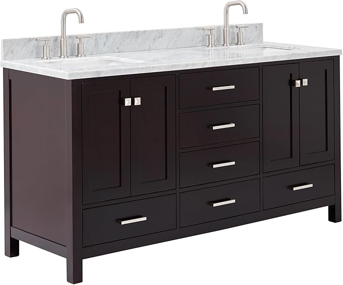 ARIEL Cambridge 66-inch Bathroom Vanity with Sink,Solid Wood, 0.75-inch Italian Carrara Marble Countertop, Double Rectangular Porcelain Sink, 4 Soft Closing Doors, 6 Dovetail Drawers, Espresso