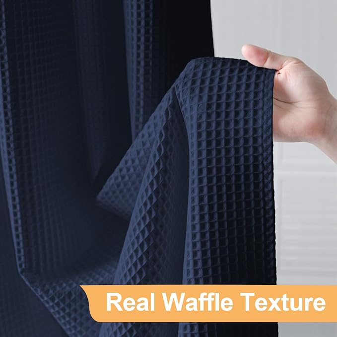 River Dream Cotton Blend No Hook Shower Curtain with Liner, Navy, 71x86 | Extra Long, with Snap in Liner, Heavyweight Waffle Fabric, Hotel Grade for Bathroom, Water Repellent, Corner Magnets