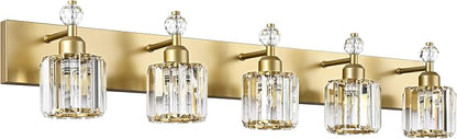 PRESDE 5-Crystal Bathroom Vanity Light Modern Gold Bathroom Lights Fixtures Over Mirror Modern Bath Wall Lighting