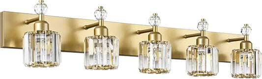 PRESDE 5-Crystal Bathroom Vanity Light Modern Gold Bathroom Lights Fixtures Over Mirror Modern Bath Wall Lighting