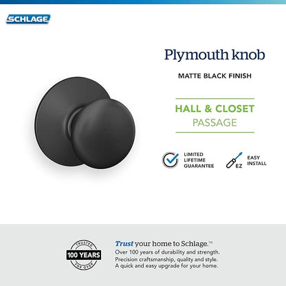 Schlage F10 PLY 622 Plymouth Door Knob, Hall & Closet Passage Lock, Matte Black