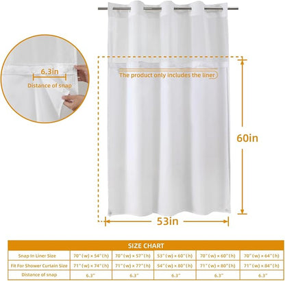 eachope 1 Pack Stall Fabric Snap-in Shower Curtain Liner Replacement,Compatible with No Hook Shower Curtain with Snap in Liner, Removable & Water-Repellent,Machine Washable,53x60,White