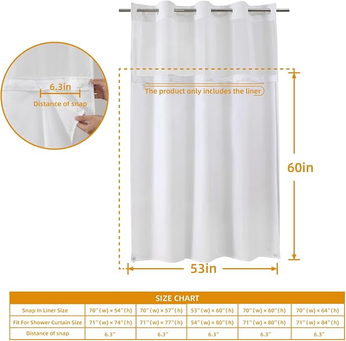 eachope 2 Pack Fabric Snap-in Shower Curtain Liner Replacement,Compatible with No Hook Shower Curtain with Snap in Liner, Removable & Water-Repellent,Machine Washable,53x60,White