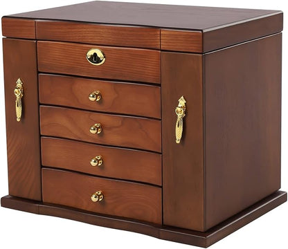 Large Wooden Jewelry Box with Mirror and Lock, 5 Layers Locking Jewelry Organizer, Watches Necklace Ring Storage Box for Women