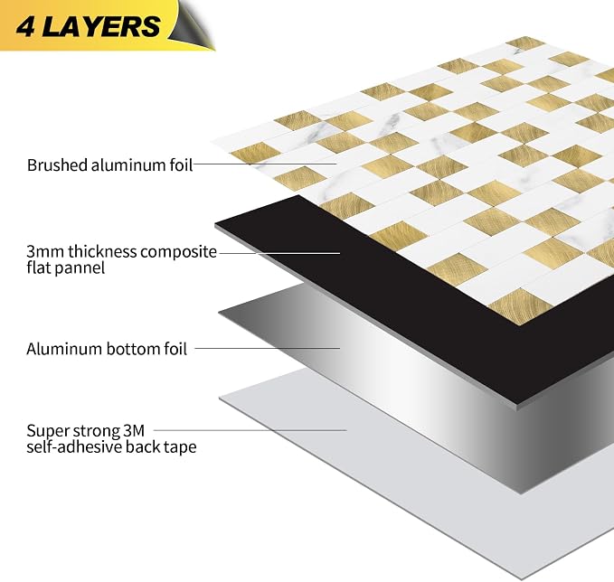 Yipscazo Peel and Stick Backsplash Tile, Stick on Stainless Steel Backsplash Metal Tiles for Kitchen Walls in Marble White Mixed Gold (12''x12'',20 Sheets)