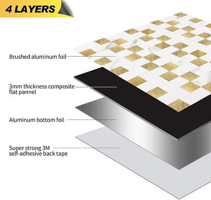 Yipscazo Peel and Stick Backsplash Tile, Stick on Stainless Steel Backsplash Metal Tiles for Kitchen Walls in Marble White Mixed Gold (12''x12'',20 Sheets)