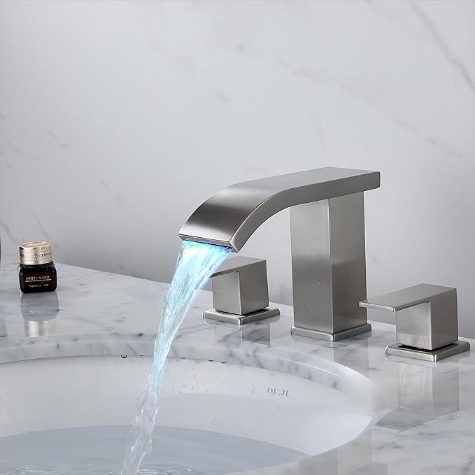 Bathroom faucets 3 Hole Widespread Brushed Nickel Bathroom Sink Faucet 8 inch LED Light Modern 3 Hole Vanity Faucet Bathroom with Pop Up Drain (Brushed Nickel)