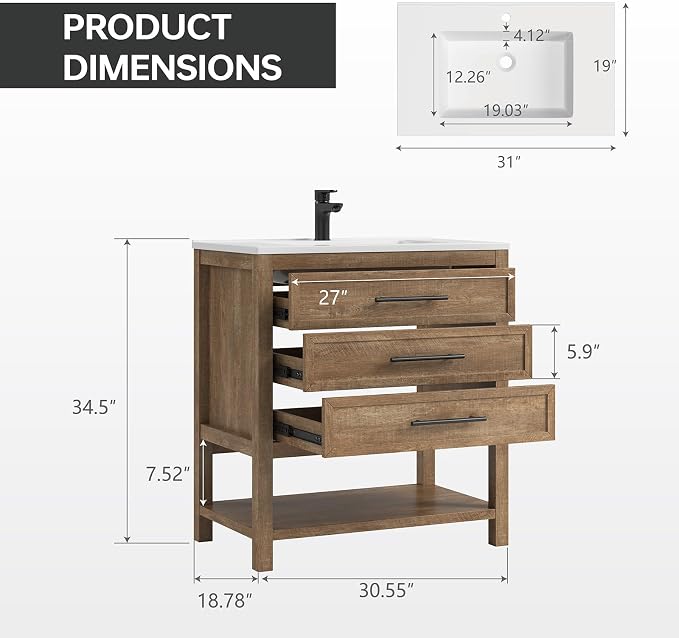 30 Inch Bathroom Vanity with Sink, Rustic Brown | Farmhouse Vanity Cabinet with durable SMC Resin Countertop, three soft-close full-extension drawers, and easy assembly