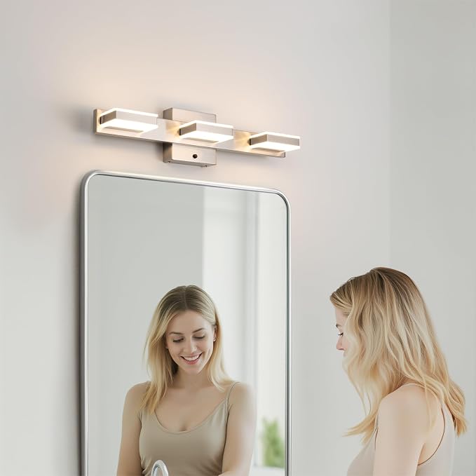 mirrea 20" 3 Light 3CCT LED Brushed Nickel Bathroom Vanity Light Fixture | Over Mirror,3000K/4000K/5000K ,Dimmable,Light Fixtures for Mirror,Rust-resistant,Moisture-resistant,Acrylic shade
