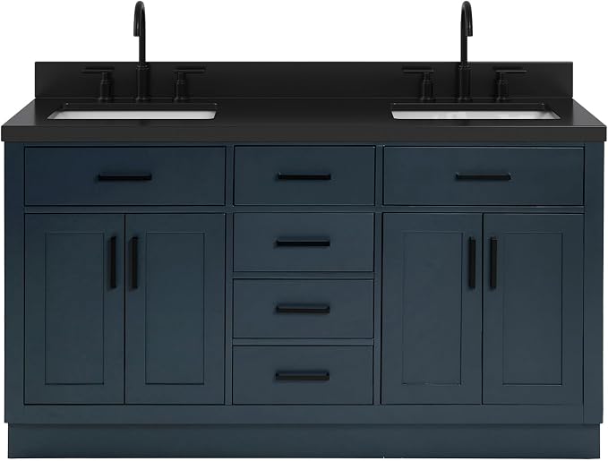 ARIEL Hepburn 60-inch Bathroom Vanity with Sink,Solid Wood, 1.5-inch Carbon Black Quartz Countertop, Double Rectangular Porcelain Sink, Soft Closing Doors, Dovetail Drawers, Midnight Blue
