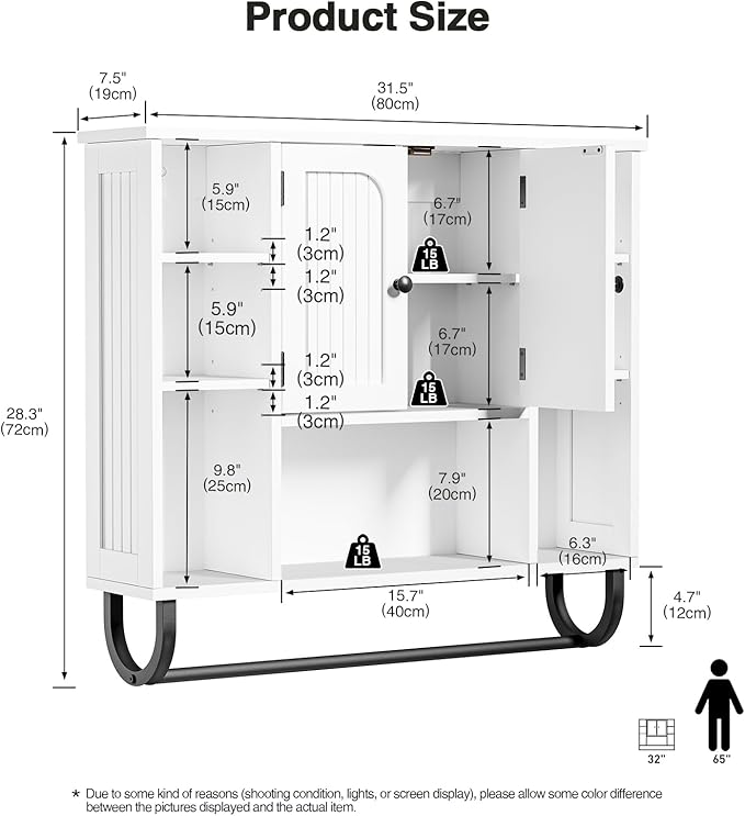 31.5'' White Bathroom Wall Cabinet - Medicine Cabinet with Adjustable Shelves & Doors, Over The Toilet Storage for Bathroom, Wall Mounted Organizer for Laundry Room Kitchen Living Room
