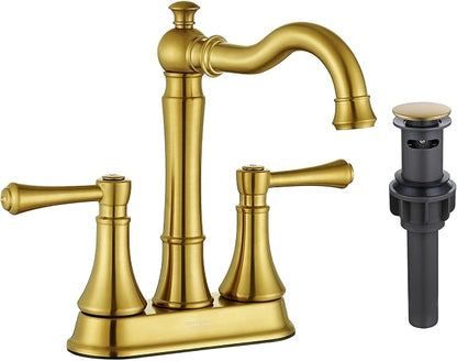 4" Centerset Brushed Gold Bathroom Faucets for 2/3-Hole Sinks | Includes Plastic Pop-Up Drain, Classic 4" Center Set Lavatory/Bath Vanity Faucets, 2-Handle High Arc 360° Swivel Brass Spout
