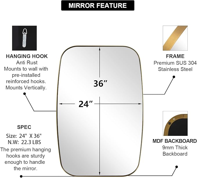 Gold Oval Mirrors for Bathroom, Large 24x36’’ Brushed Gold Metal Framed Oblong Wall Mirror, Modern Brass Vanity Mirror in Stainless Steel Frame Wall Mount Horizontal or Vertical