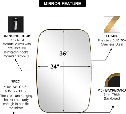Gold Oval Mirrors for Bathroom, Large 24x36’’ Brushed Gold Metal Framed Oblong Wall Mirror, Modern Brass Vanity Mirror in Stainless Steel Frame Wall Mount Horizontal or Vertical