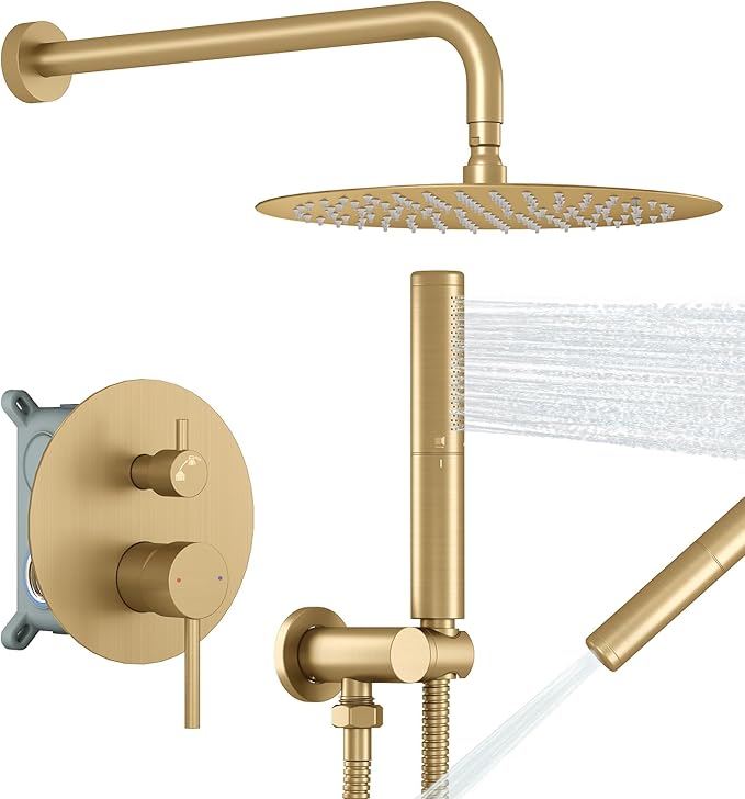 BESy Shower System with 10 Inch Round Rain Shower Head and Handheld Wall Mounted, High Pressure Rainfall Shower Faucet Fixture Combo Set with 2 in 1 Handheld Showerhead for Bathroom, Gold