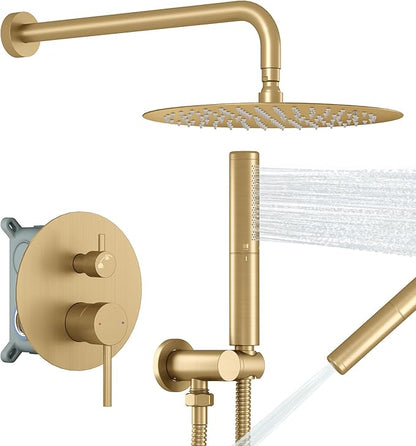 BESy Shower System with 10 Inch Round Rain Shower Head and Handheld Wall Mounted, High Pressure Rainfall Shower Faucet Fixture Combo Set with 2 in 1 Handheld Showerhead for Bathroom, Gold