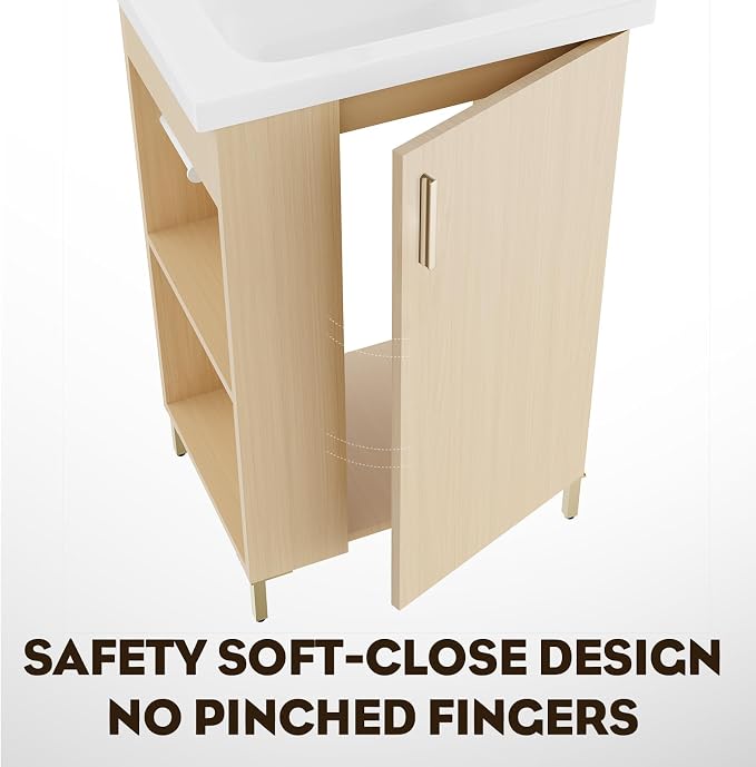 20 Inch Oak Pre-Assembled Freestanding Small Bathroom Vanity with Sink, Soft-Close Door, Left Side Storage, Space-Saving Design, No Faucet, BV05-20-oak-plus