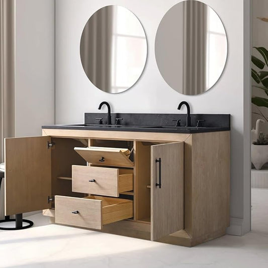 Vanity Art 60 inch Double Sink Bathroom Vanity, Vanity Cabinet with Doors and Shelf, Modern Wood Bathroom Vanity with White Marble Top, Solid Wood Frame, 3 Functioning Drawers, VA70-60-DLW-B