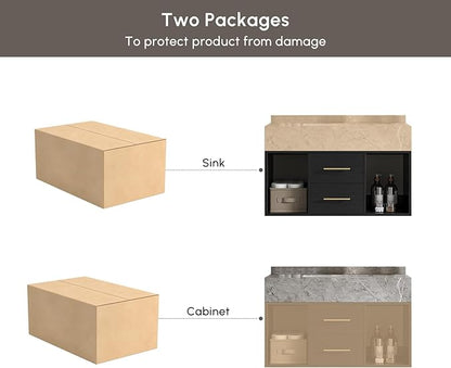 homary 35.4" Floating Bathroom Vanity with Sink, Modern Wall-Mounted Vanity Bathroom Cabinet with Sintered Stone Countertop, Undermount Sink & Black, 2 Open Storage Shelves