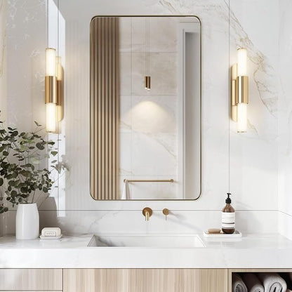 30"x48" Brass Gold Bathroom Mirror, Large Wall Mirror for Bathroom, Rounded Rectangle Mirror in Premium Stainless Steel Metal Frame Hangs Horizontal Or Vertical (Brushed Gold)