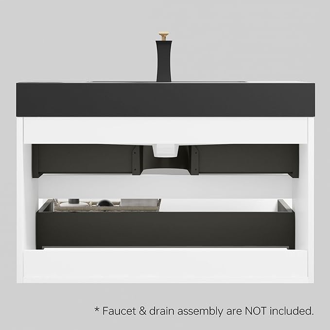 36" Floating Bathroom Vanity with Black Sink, Modern Bathroom Cabinet with Top and Soft Close Drawers, Spacious Storage for Small Space, White - Lavanda Collection