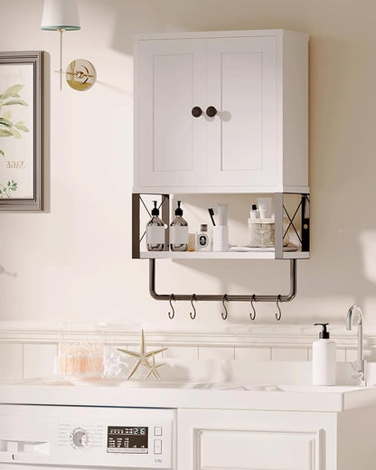 Bathroom Wall Cabinet, White Medicine Cabinet with Towel Rack | 2 Doors & Adjustable Shelves 2 Hooks, above toilet storage cabinet, for Bathroom Laundry Room, Living, Kitchen UXYYG024W