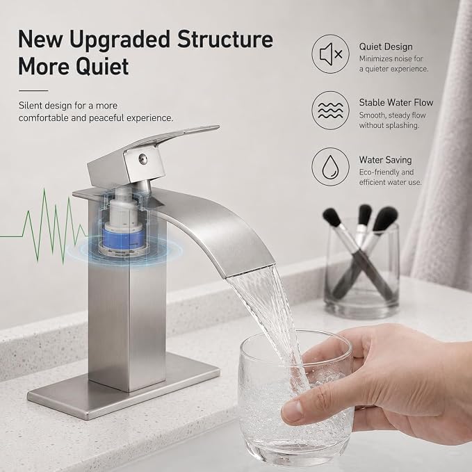 VOTON Waterfall Bathroom Faucet, Brushed Nickel 1-Hole with Deck & Drain | | SUS304 Stainless Steel | Rust-Resistant | Waterfall Flow