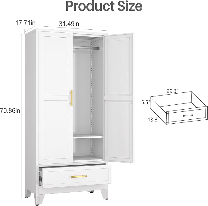 winiowa Metal Armoire Wardrobe Closet with Drawer, 71" Wardrobe Cabinet with Adjustable Shelves and Hanging Rod, Clothing Storage Cabinet Closet for Bedroom-White
