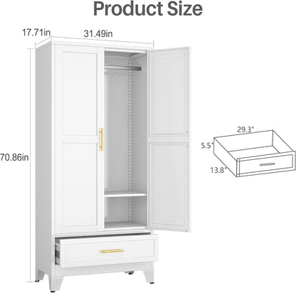 winiowa Metal Armoire Wardrobe Closet with Drawer, 71" Wardrobe Cabinet with Adjustable Shelves and Hanging Rod, Clothing Storage Cabinet Closet for Bedroom-White