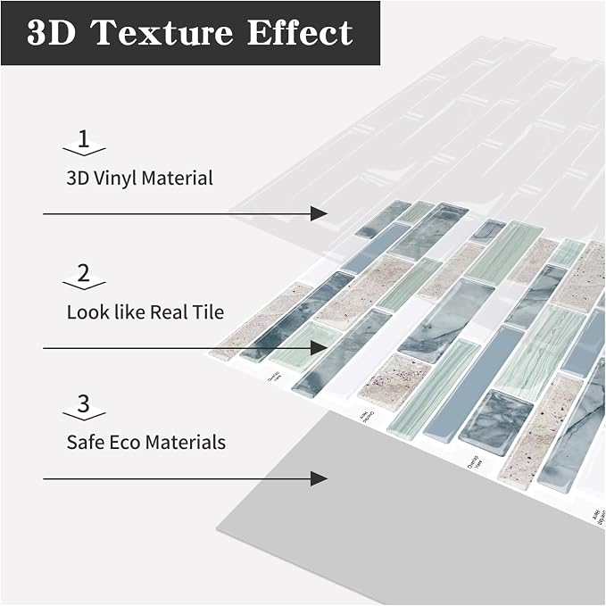 10-Sheet Peel and Stick Kitchen Backsplash Tiles | 3D Waterproof Self Adhesive Wall Tile Stick on Backsplash for Kitchen and Bathroom(Sage Green,12"×12")