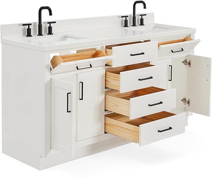 ARIEL Hepburn 66-inch Bathroom Vanity with Sink,Solid Wood, 1.5-inch Pure White Quartz Countertop & Backsplash, Double Rectangular Porcelain Sink, 4 Soft Closing Doors, 6 Dovetail Drawers, White
