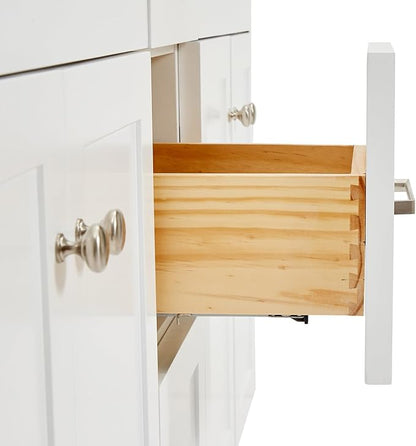 DKB Bradford 66-Inch White Double Bathroom Vanity, 1.5-Inch Edge Carrara Quartz Countertop & Splash, Rectangular Undermount Sinks, 2 Soft Closing Doors, 3 Dovetail Drawers, Toe Kick, Brushed Nickel