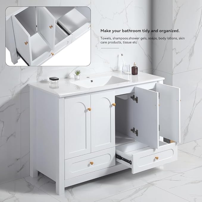 LZ LEISURE ZONE 48" Bathroom Vanity with Ceramic Sink Combo, Abundant Cabinet -4 Soft Close Doors and 2 Drawers, White