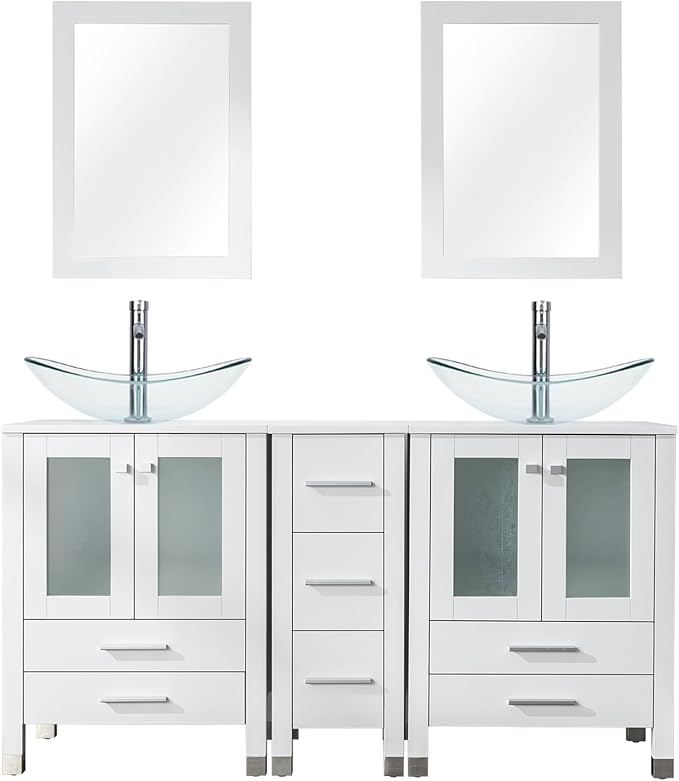 LUCKWIND 60" Double 24" Bathroom Vanity with Sink Combo, Elegant Series with One 12.6-in Side Cabinet, Painted Frame, Including Clear Boat Sinks, Faucets Without Mirrors, White