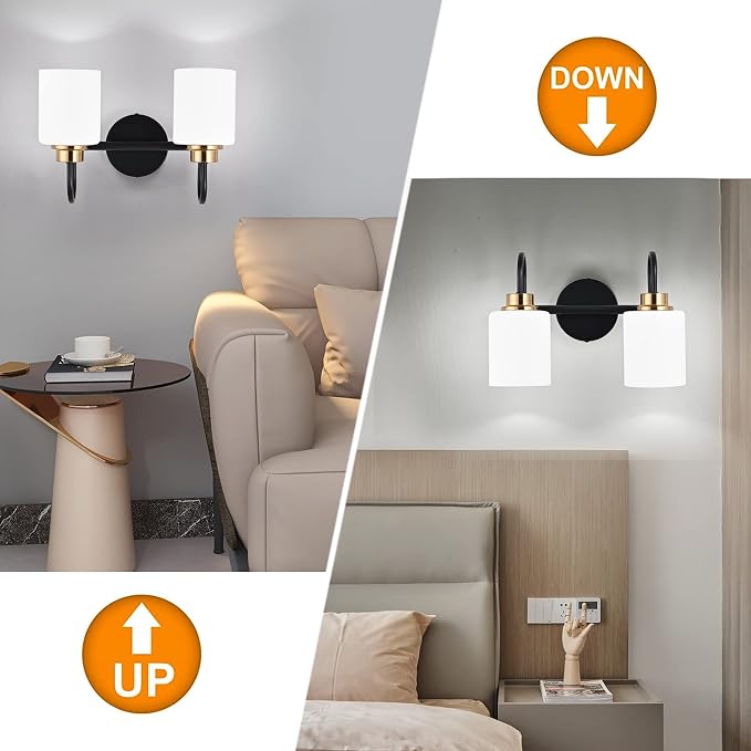 Modern Matte Black and Gold Bathroom Vanity Light Fixtures 2 Lights Milky Glass Wall Sconce Light Modern Vanity Lights Over Mirror(Exclude E26 Bulb)