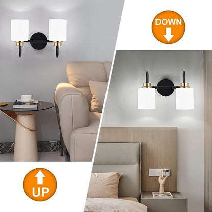 Modern Matte Black and Gold Bathroom Vanity Light Fixtures 2 Lights Milky Glass Wall Sconce Light Modern Vanity Lights Over Mirror(Exclude E26 Bulb)