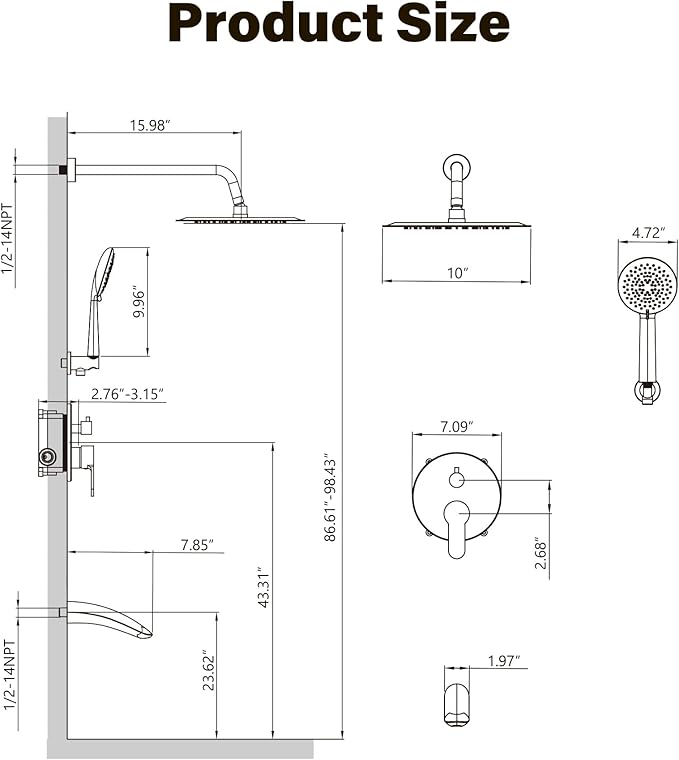 Gabrylly Shower System with Tub Spout, Black Bathtub Shower Faucet Set with 3-Way Pressure Balance Valve Kit, 10" Rain Head with Handheld Spray, Matte Black