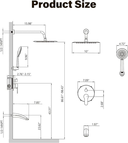Gabrylly Shower System with Tub Spout, Black Bathtub Shower Faucet Set with 3-Way Pressure Balance Valve Kit, 10" Rain Head with Handheld Spray, Matte Black