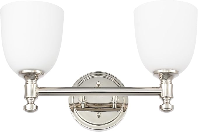 Bathroom Vanity Light, 2-Light Bathroom Light Fixtures Over Mirror, Traditional Vanity Lights for Living Room, Milk White Bell Glass Shades, Standard E26 Base, Polished Nickel
