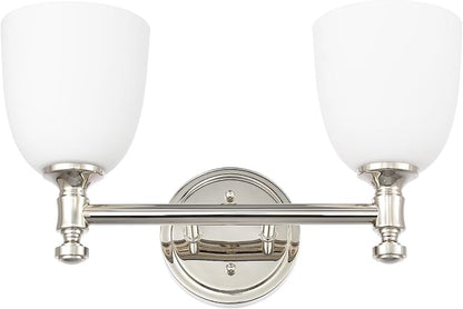 Bathroom Vanity Light, 2-Light Bathroom Light Fixtures Over Mirror, Traditional Vanity Lights for Living Room, Milk White Bell Glass Shades, Standard E26 Base, Polished Nickel
