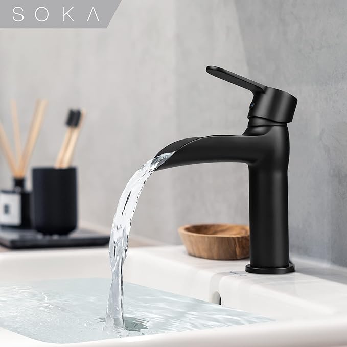 Matte Black Bathroom Faucet Waterfall Bathroom Sink Faucets Single Handle Single Hole Lavatory Washbasin Faucet with Pop Up Drain, Modern Vanity Sink Faucet