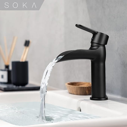 Matte Black Bathroom Faucet Waterfall Bathroom Sink Faucets Single Handle Single Hole Lavatory Washbasin Faucet with Pop Up Drain, Modern Vanity Sink Faucet
