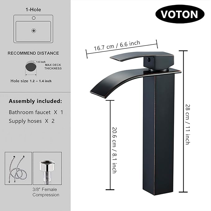 VOTON Vessel Sink Faucet Oil Rubbed Bronze Modern Tall Waterfall Bathroom Sink Faucet Single Handle Bathroom Faucet 1 Hole Bowl Lavatory Vanity Faucet, Rv Sink Camper Farmhouse Bathroom Faucet