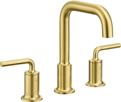 Brushed Gold Bathroom Faucet 3 Hole, Solid Brass Bath Faucet | 8 Inch Widespread Bathroom Faucet Brass Gold 2 Handle Bathroom Sink Faucet with Drain Assembly Supply Line, BF503-SG